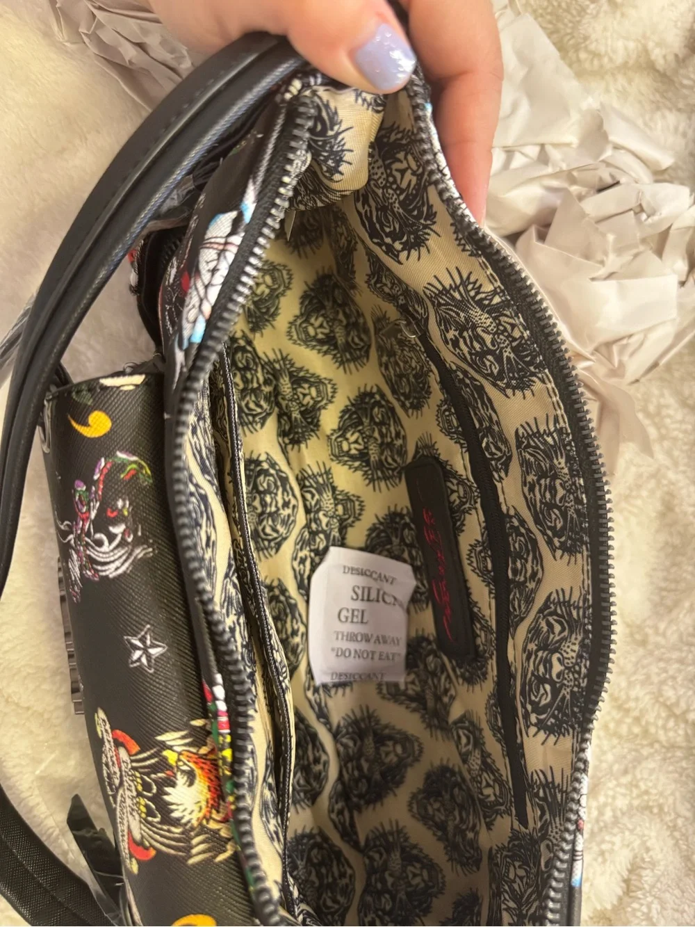 Ed Hardy Black Multicolor Tattoo-Print Crossbody Bag with Grommet Trim